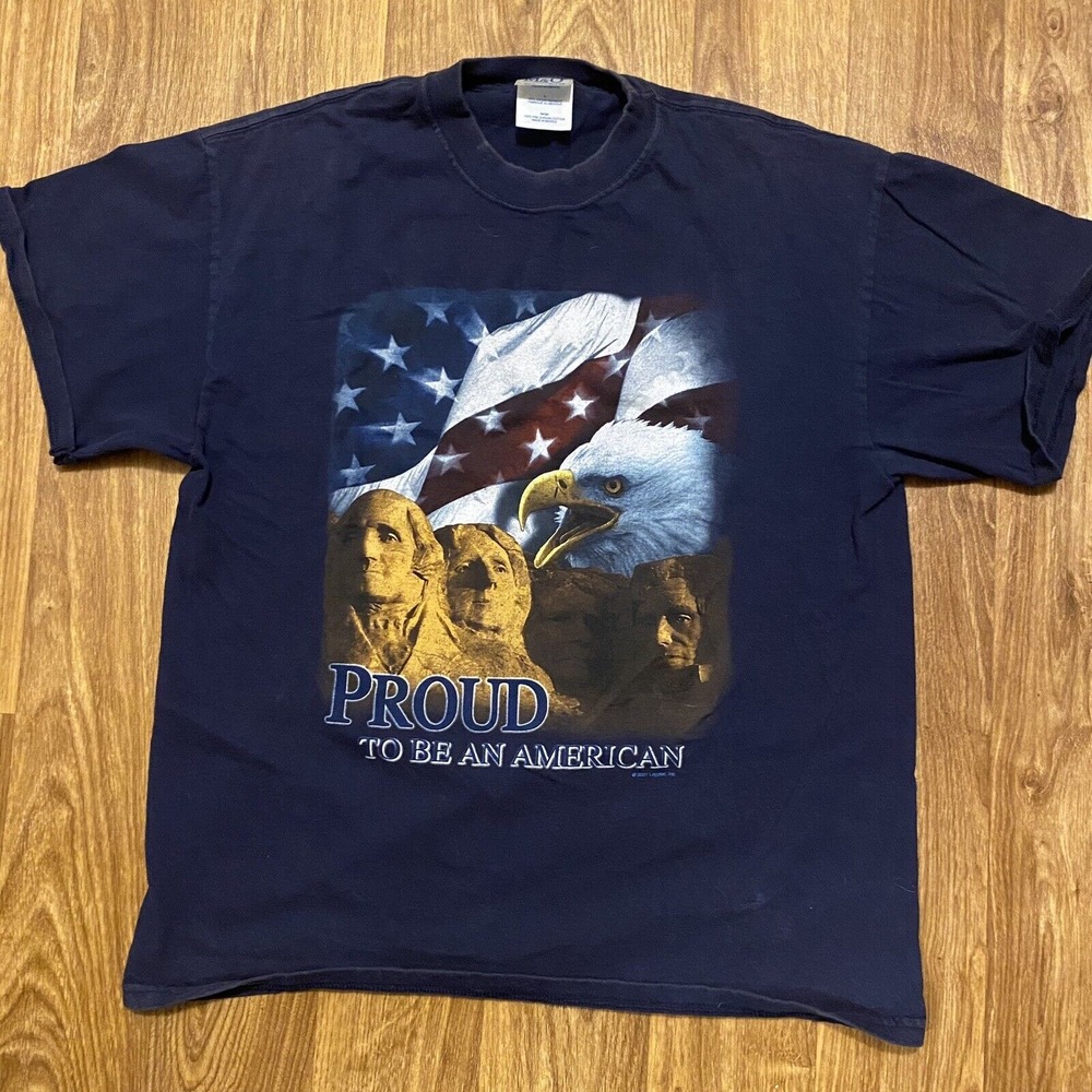 Vintage American Shirt Men Large‎ Blue Mount Rushmore Eagle USA Flag 2001